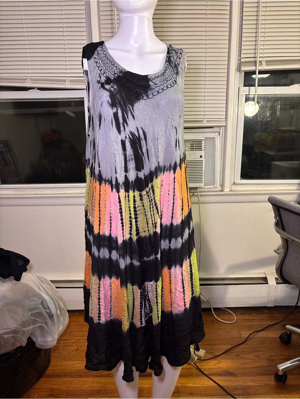 Jackpot Tie Dye Lace Shift Dress Scoop Neck Sleeveless Midi Rayon Size L